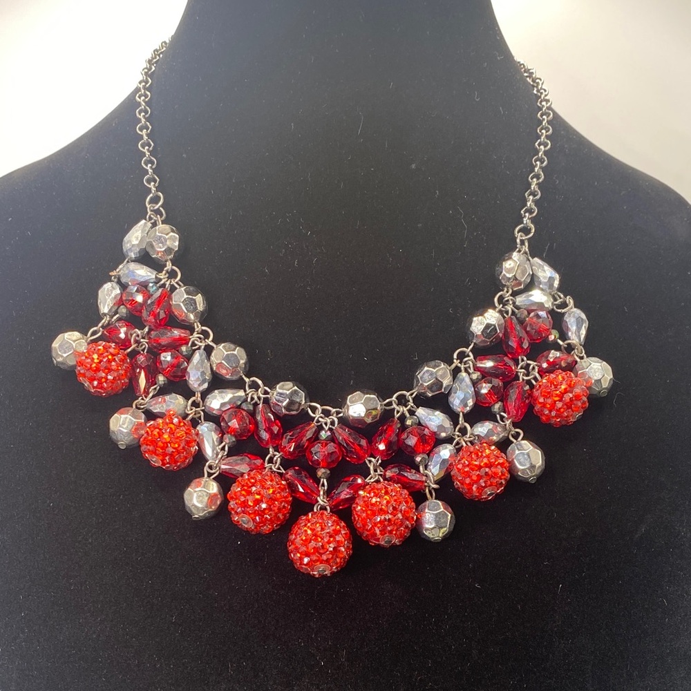 Vintage Jules Red and Silver Beaded Statement Bib Necklace